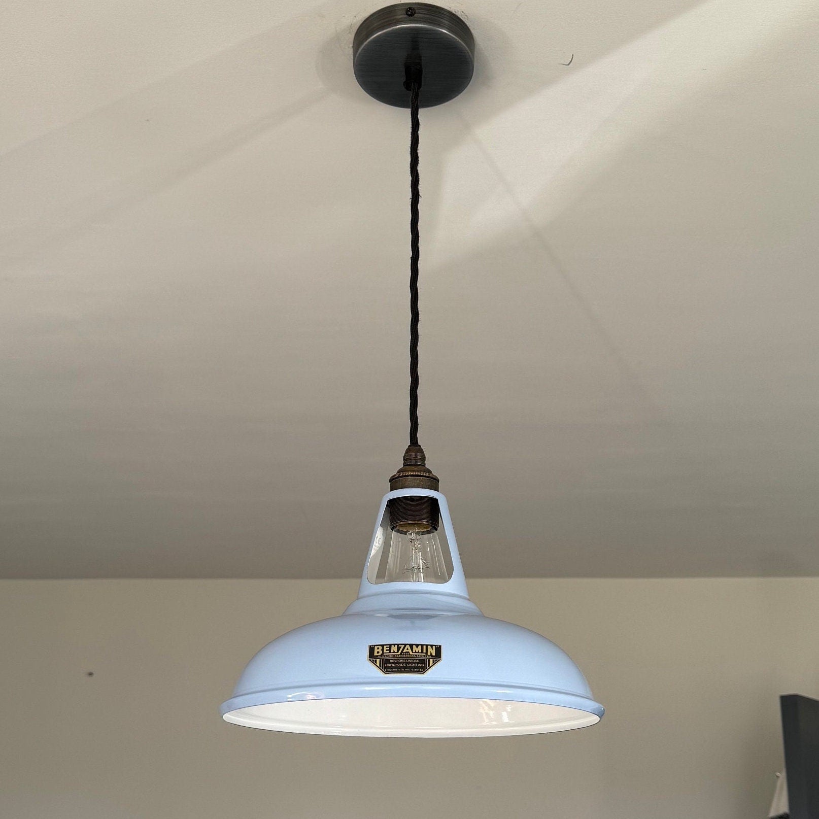 Cawston ~ Light Blue Solid Shade Slotted Design Pendant Set Light | Ceiling Dining Room | Kitchen Table | Vintage Filament Bulb 11 Inch