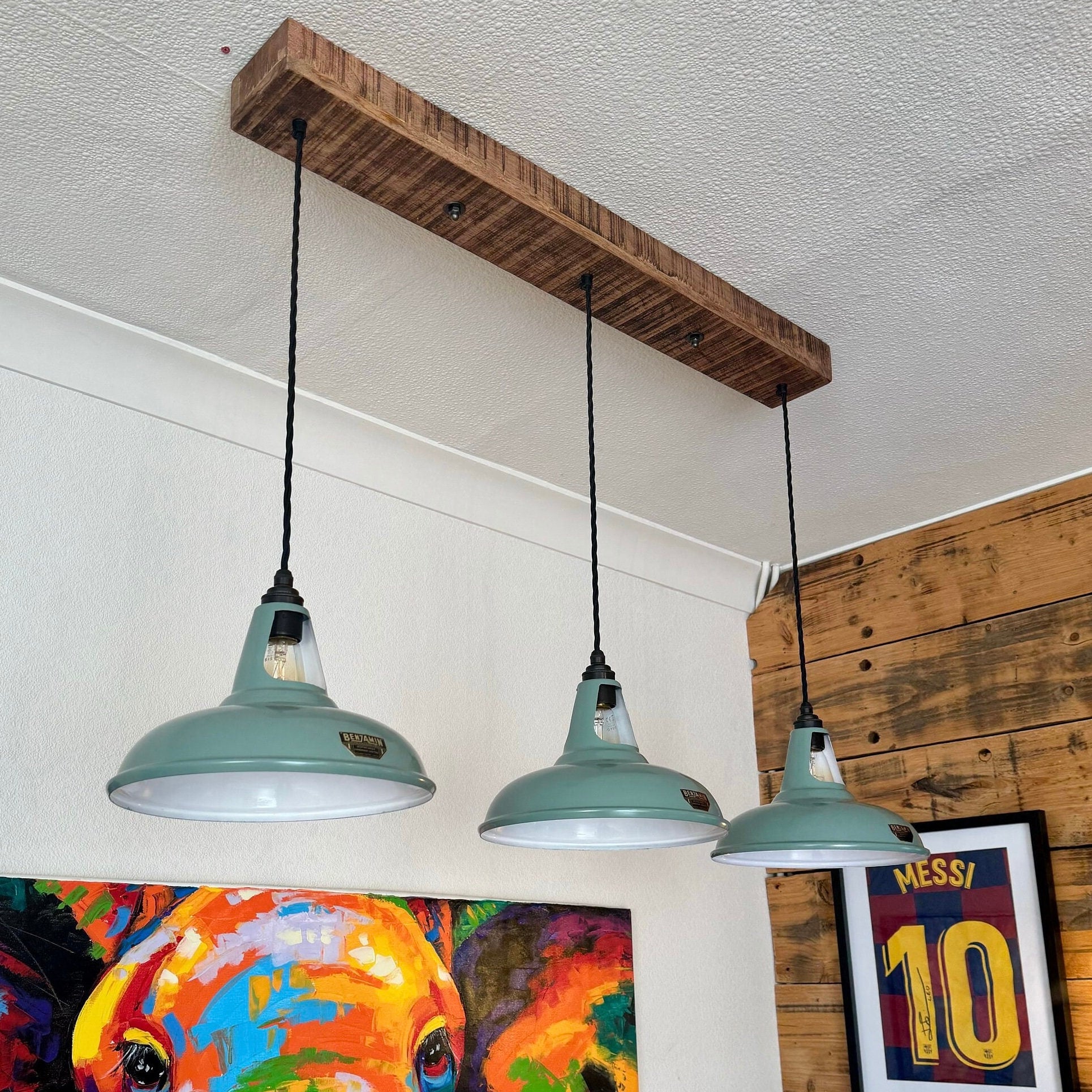 Cawston ~ 3 x Pistachio Green Lampshade Pendant Set Wooden Track Light | Dining Room | Kitchen Table