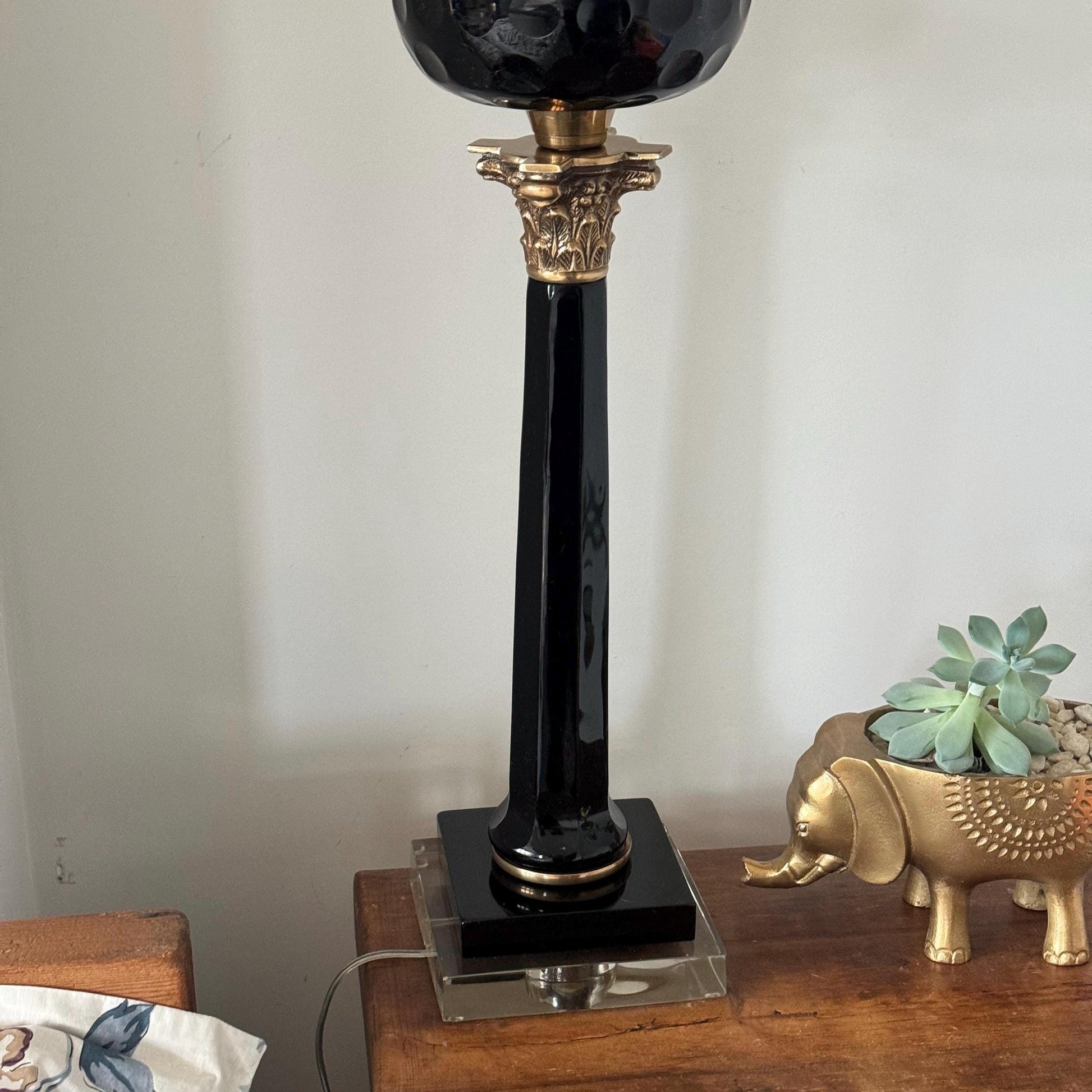 French Style Solid Brass & Black Glass Table Lamp Vintage Style | Bedroom | Bedside Reading Light | Retro | Hallway