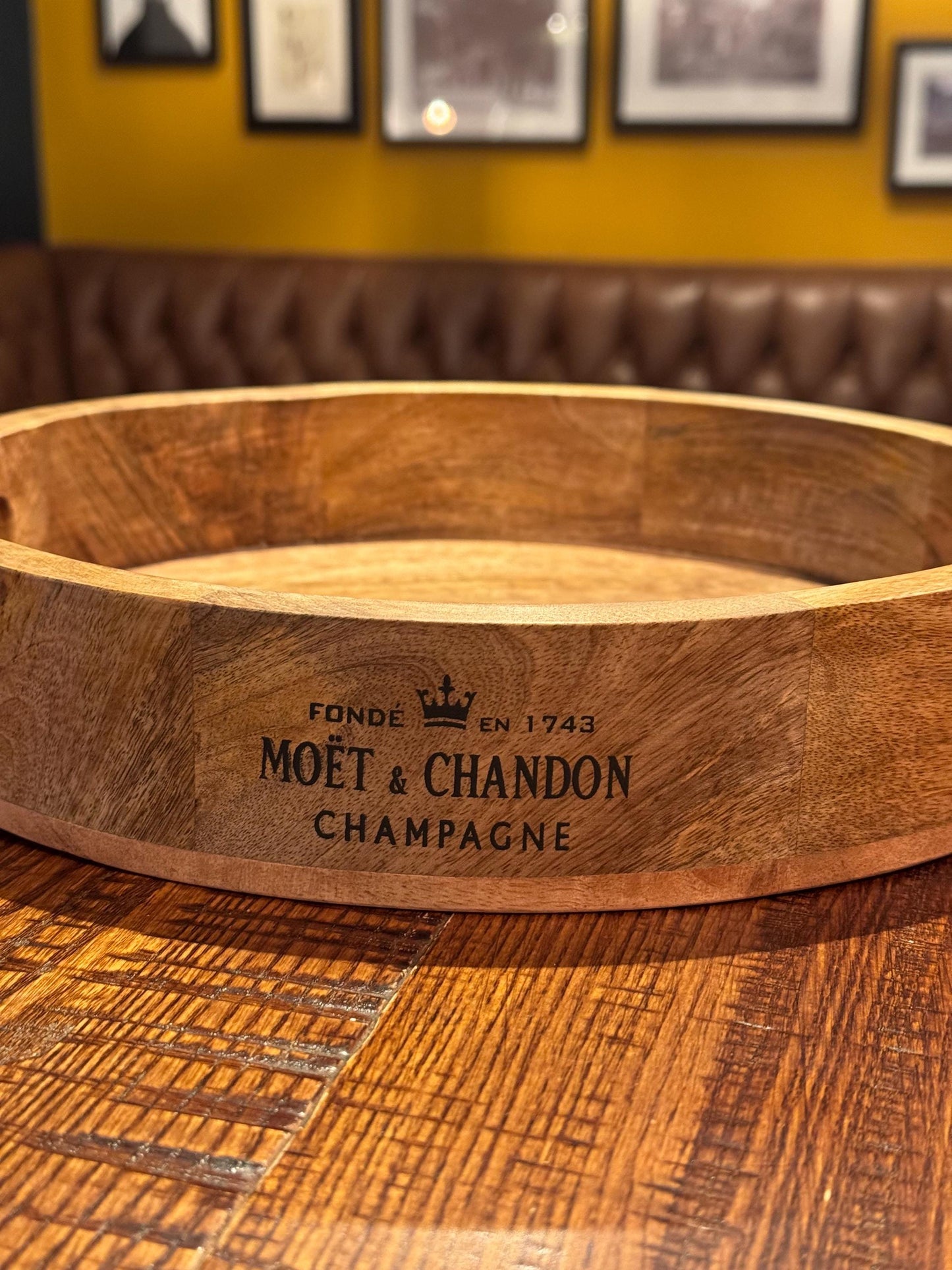 Round Wooden Serving Tray Moët & Chandon Champagne Butlers Crate Storage Natural Finish