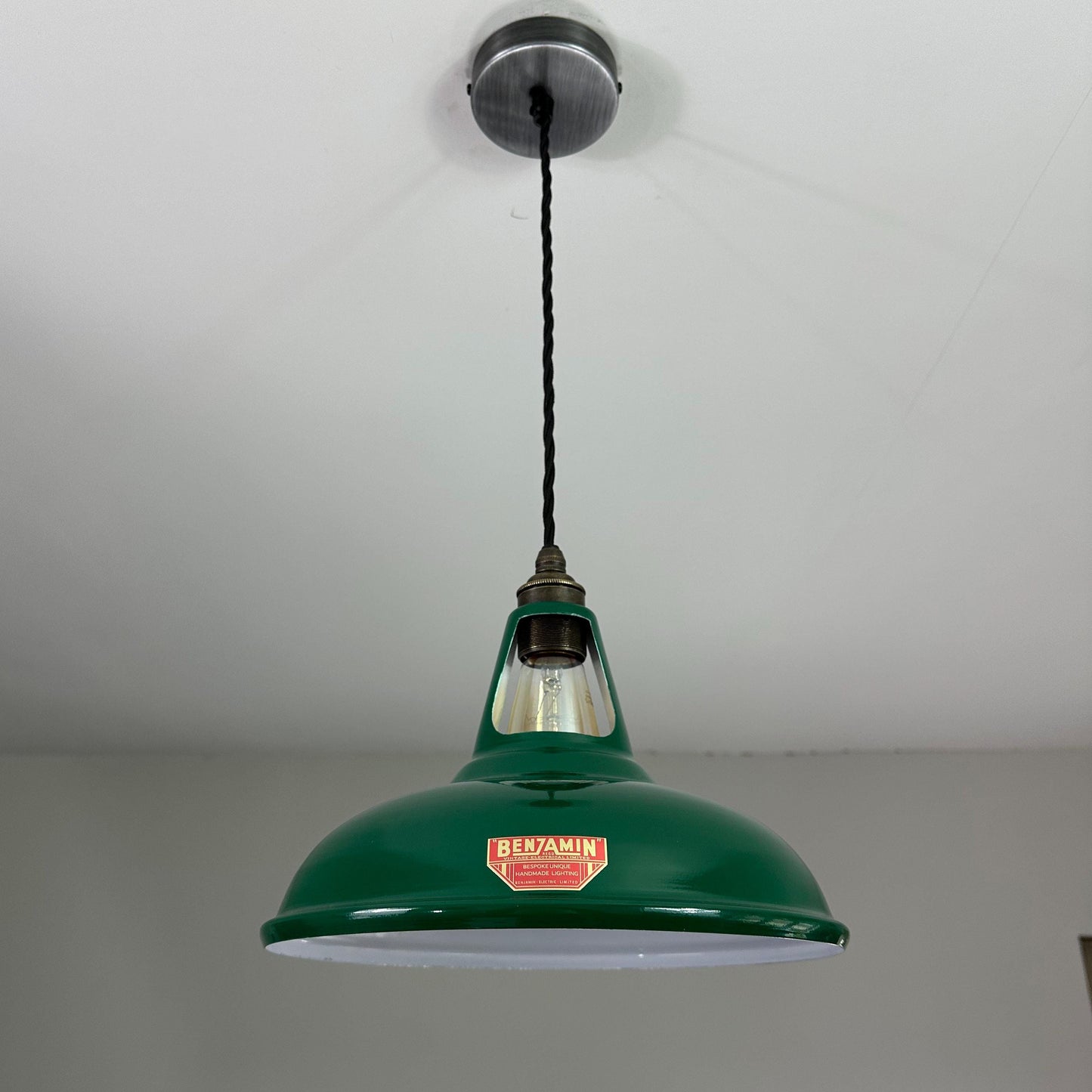 Cawston ~ *Worn* Racing Green Solid Shade Red Label Slotted Design Pendant Light ~ 11 Inch