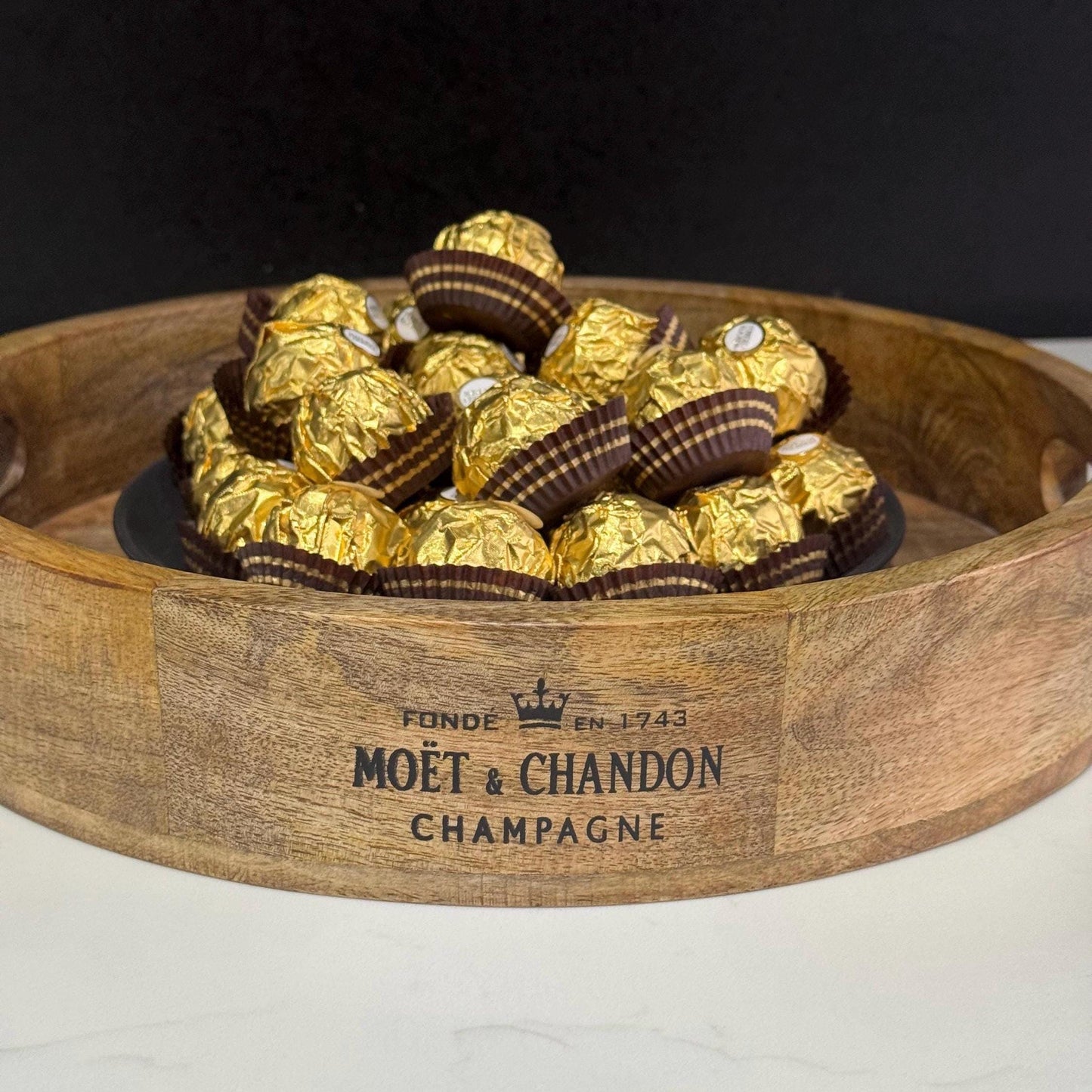 Round Wooden Serving Tray Moët & Chandon Champagne Butlers Crate Storage Natural Finish