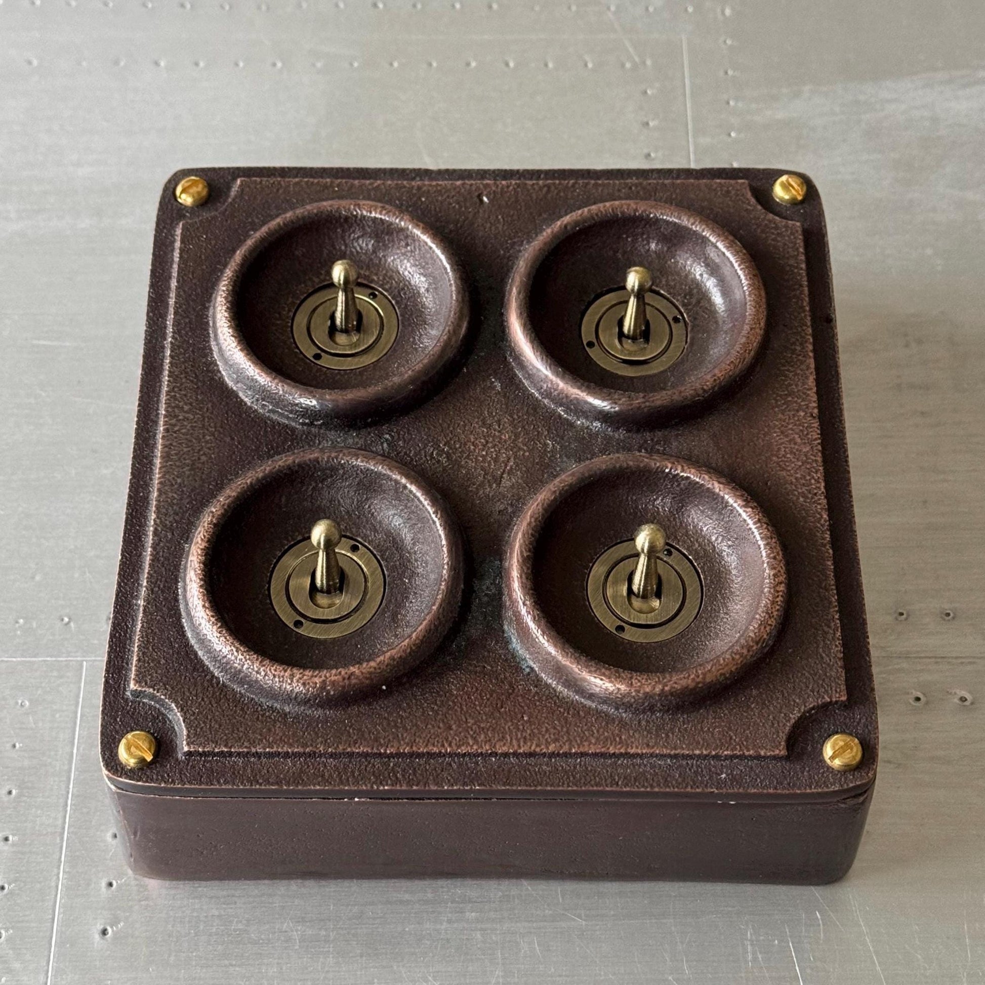 4 Gang 2 Way Solid Antique Copper Metal Surface Mounting Conduit Light Switch Crabtree Industrial - BS EN Approved