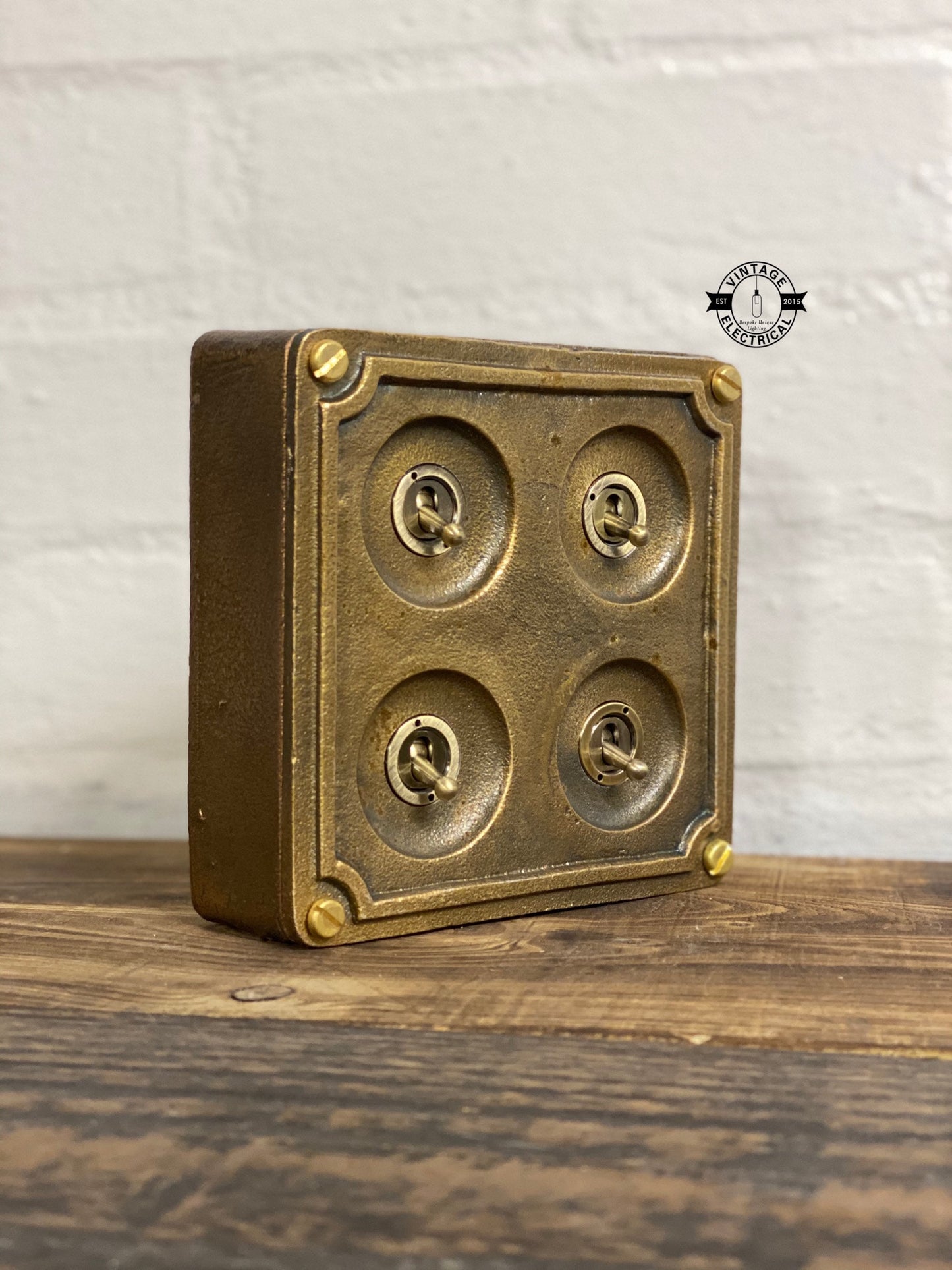 4 Gang 2 Way Solid Antique Brass Bronze Metal Surface Mounting Conduit Light Switch Industrial - BS EN Approved Vintage 1950’s Britmac Style