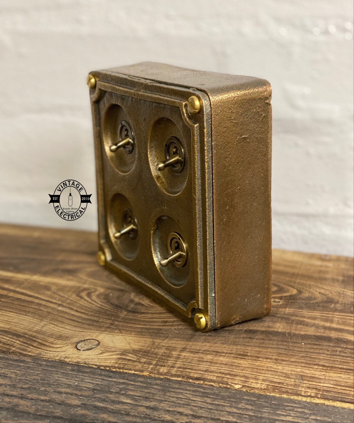 4 Gang 2 Way Solid Antique Brass Bronze Metal Surface Mounting Conduit Light Switch Industrial - BS EN Approved Vintage 1950’s Britmac Style