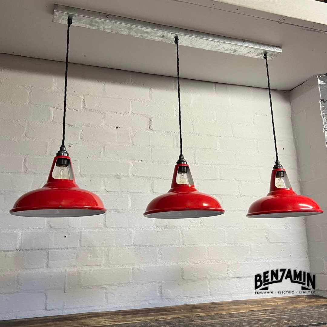 Cawston ~ Metropolitan Red 3 x Solid Shade 1932 Design Pendant Set Galvanised Track Light | Dining Room | Kitchen Table | Vintage