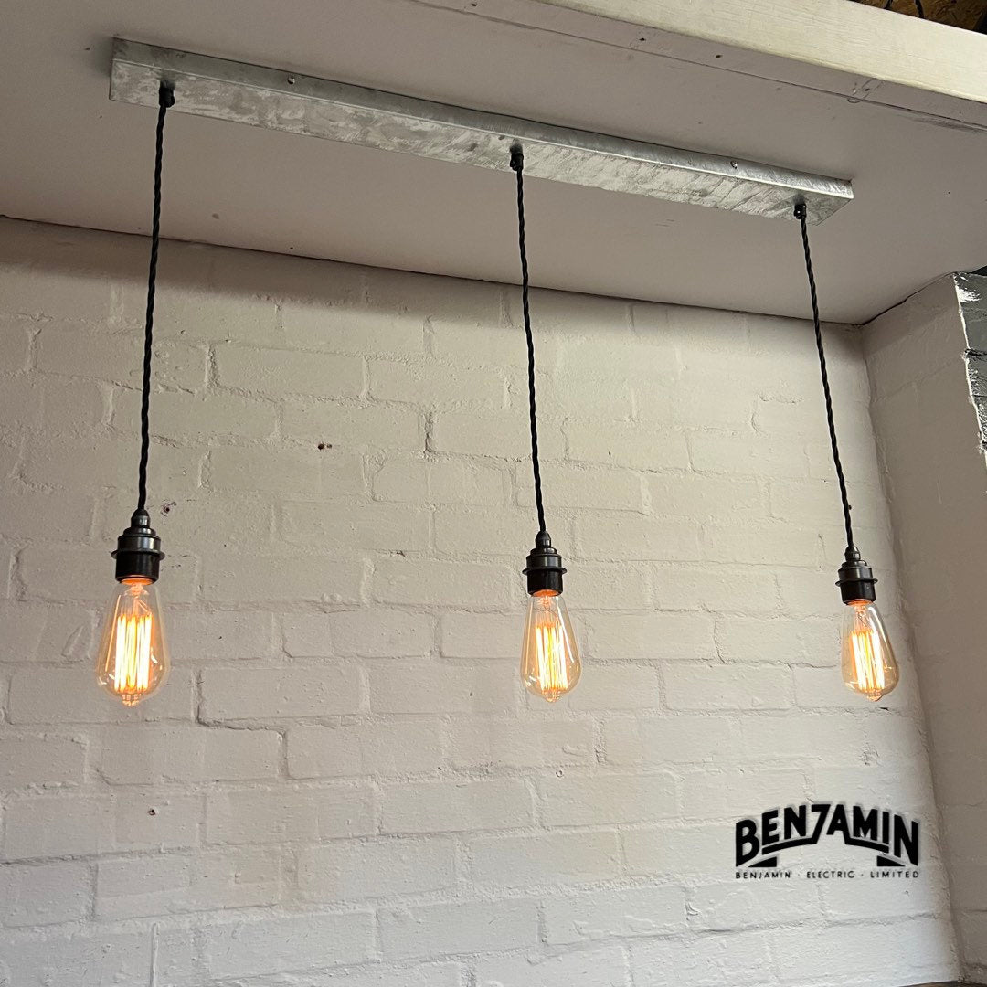 Heacham ~ 3 x Industrial Galvanised Track Pendant Set | Ceiling Dining Room | Kitchen Table Hanging Light | Vintage Edison Filament Bulbs