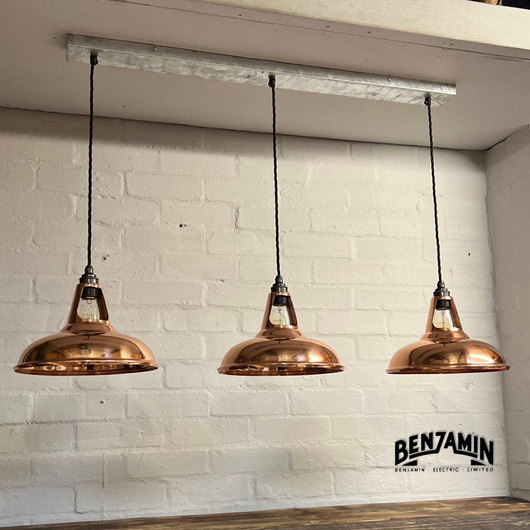 Cawston ~ 3 x Solid Copper Shade 1932 Design Pendant Set Galvanised Track Cluster Light | Dining Room | Kitchen Table | Vintage