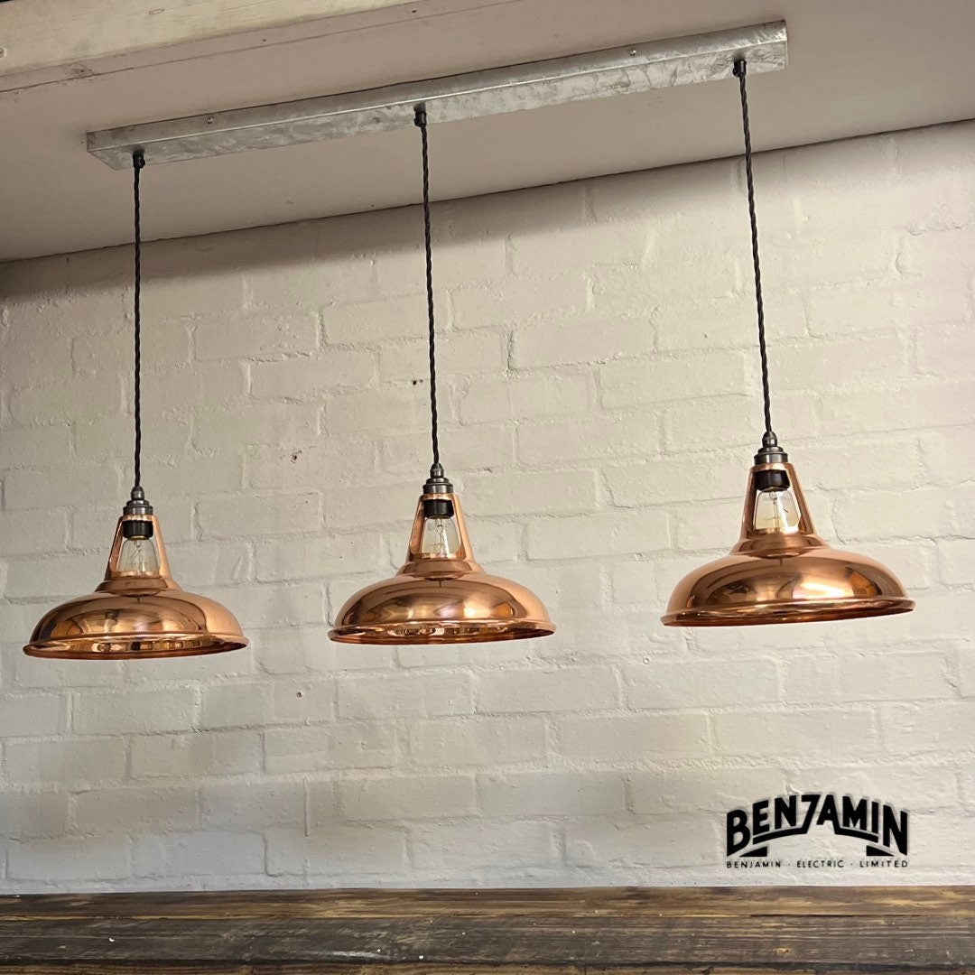 Cawston ~ 3 x Solid Copper Shade 1932 Design Pendant Set Galvanised Track Cluster Light | Dining Room | Kitchen Table | Vintage