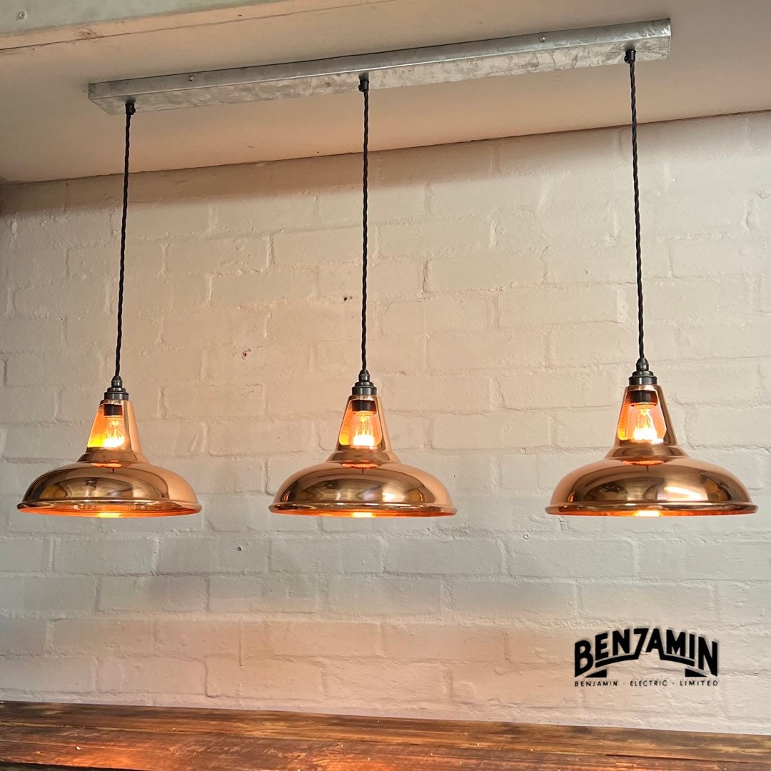 Cawston ~ 3 x Solid Copper Shade 1932 Design Pendant Set Galvanised Track Cluster Light | Dining Room | Kitchen Table | Vintage