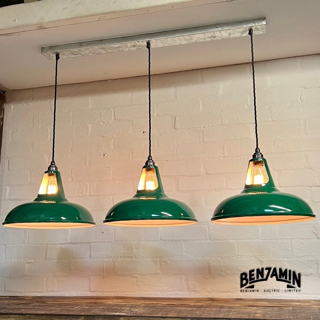 Cawston XL ~ 3 x Solid Original Green Shade 1932 Design Pendant Set Track Light | Dining Room | Kitchen Table | Vintage