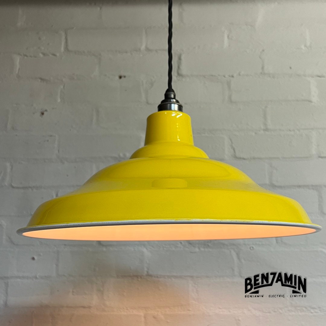 Bawsey ~ **Worn** Deep Yellow Industrial factory shade light ceiling dining room kitchen table vintage filament lamps pendant bar 16 Inch