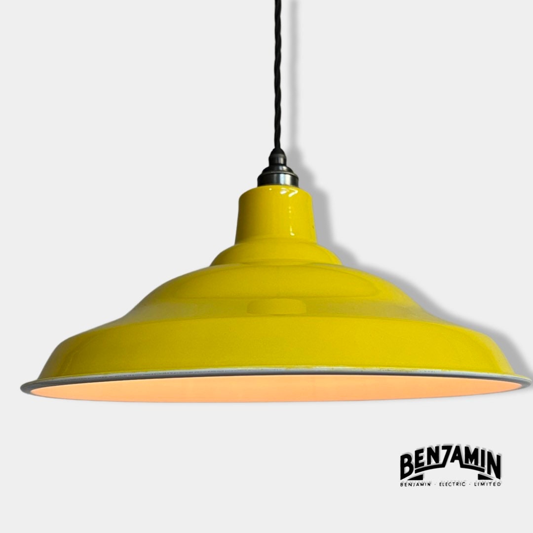 Bawsey ~ **Worn** Deep Yellow Industrial factory shade light ceiling dining room kitchen table vintage filament lamps pendant bar 16 Inch