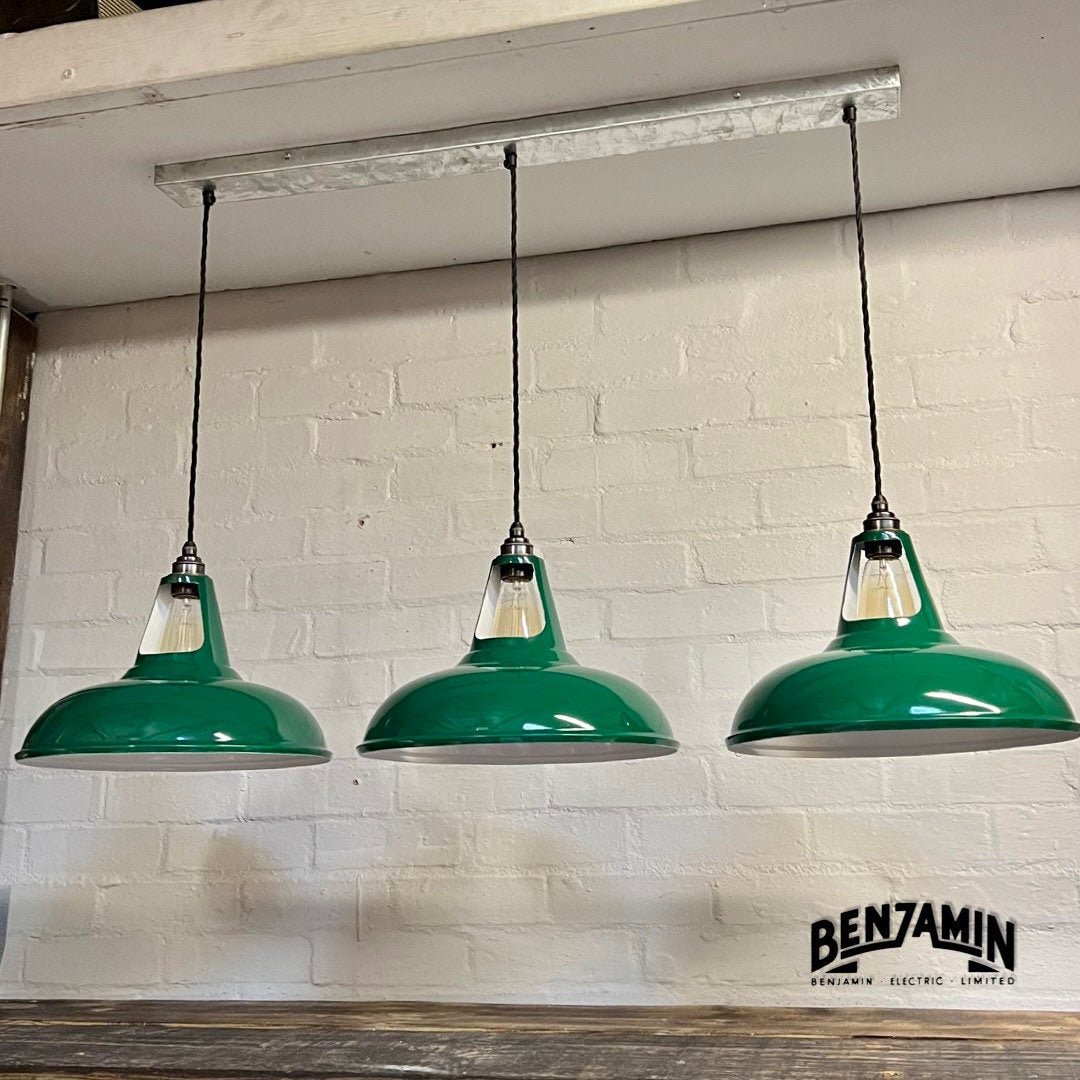 Cawston XL ~ 3 x Solid Original Green Shade 1932 Design Pendant Set Track Light | Dining Room | Kitchen Table | Vintage